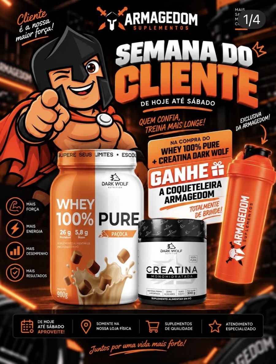 Oferta de Whey 100% Pure com Creatina Dark Wolf e coqueteleira Armagedom de brinde